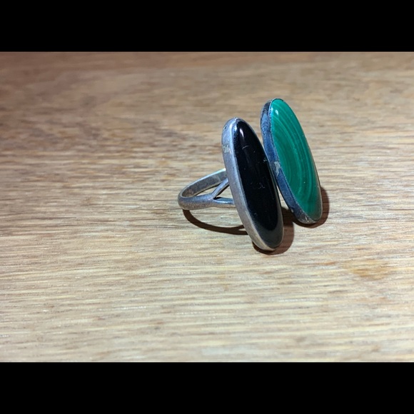 Sterling silver, malachite, obsidian ring - Picture 3 of 11